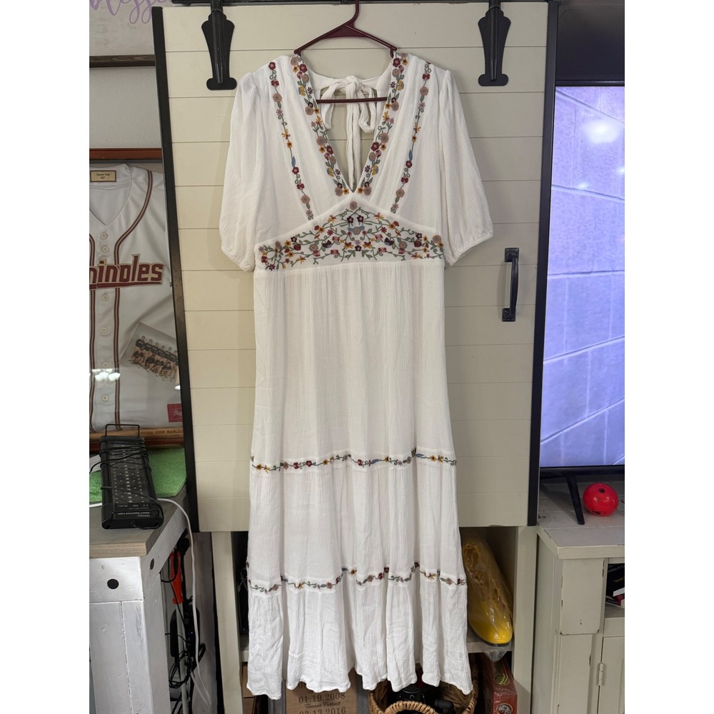 Baltic Born White Floral Embroidered Maxi Dress Boho Cottagecore Festival